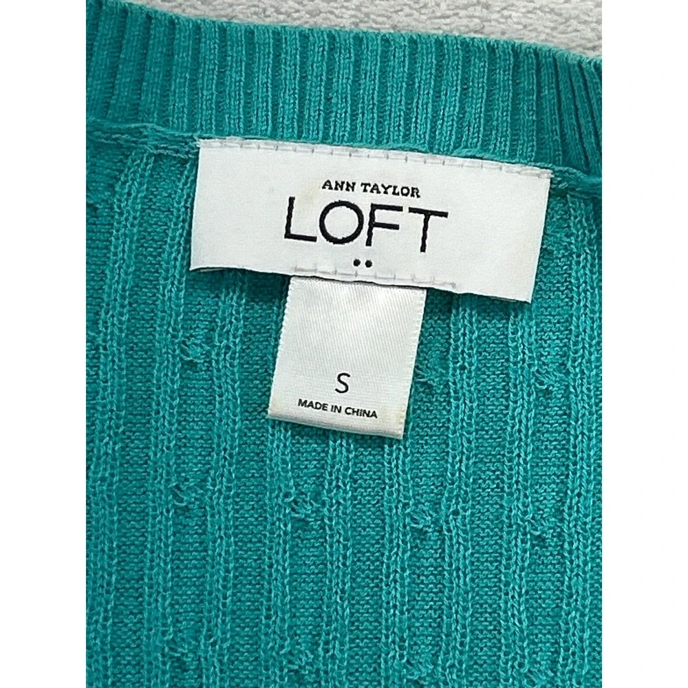 Ann Taylor LOFT Sweater Womens S Teal Short Sleeve Cable Knit‎ Cotton Scoop Neck